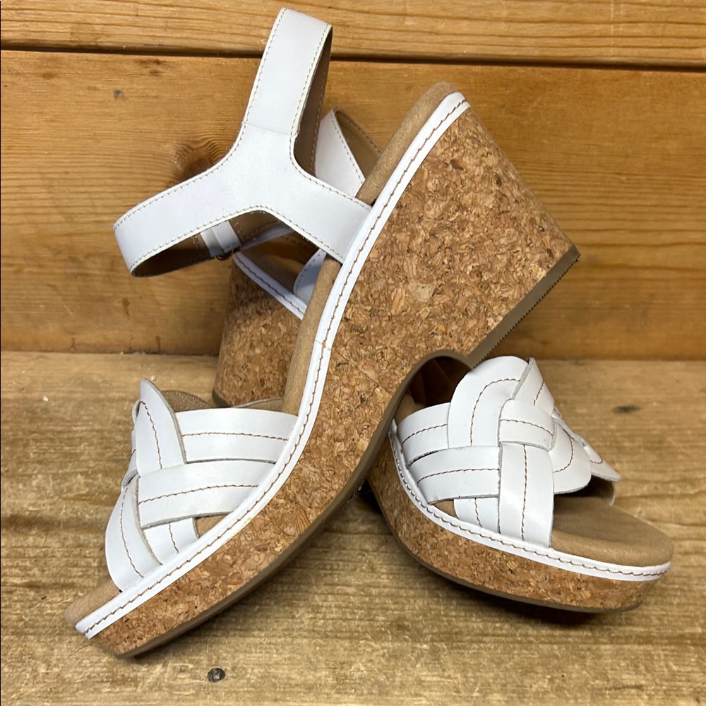 Clarks White Cork Wedge Sandals with Braided Straps